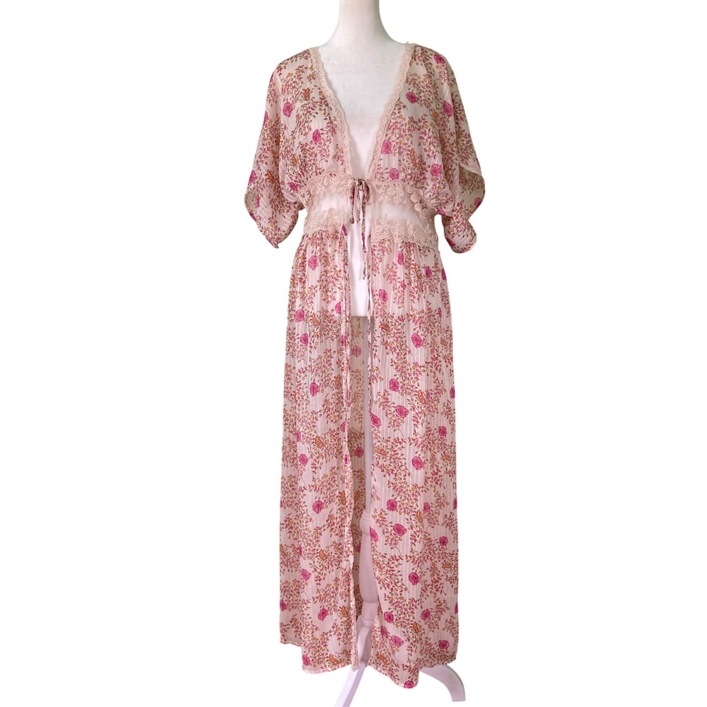 Francesca's Alya Ivory Pink Floral Lace Tie Front Robe Kimono Coverup Size L/XL
